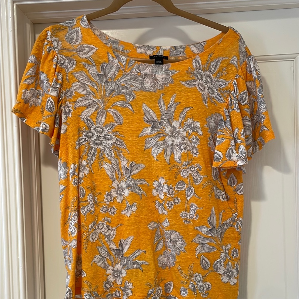 Linen Ann Taylor-M-Floral Orange and Gray Women's Top